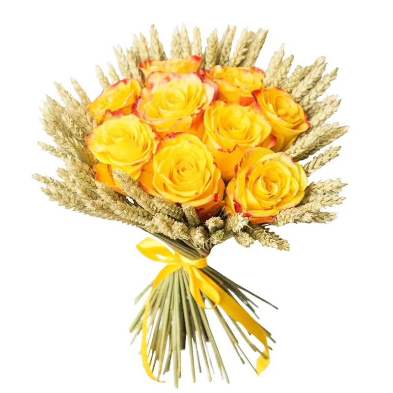 Букет из 11 желтых роз и злаков
